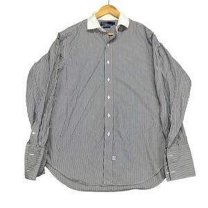 VTG 90s Polo Ralph Lauren Striped French Cuff Dress Shirt Navy White 16.5 x 34